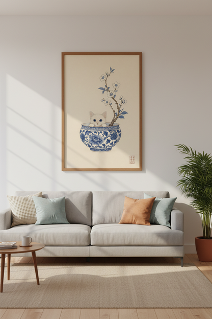 Japanese White Kitten Wall Art Print | Bonsai Bowl Decor | Zen Chinoiserie Poster