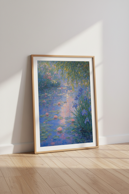 Impressionist Water Lily Pond Wall Art | Blue Iris Garden Decor | Pastel Nature Poster