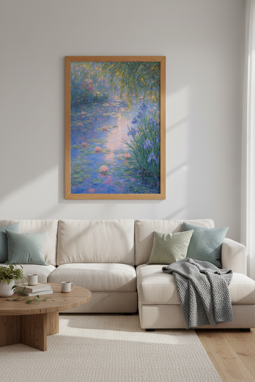 Impressionist Water Lily Pond Wall Art | Blue Iris Garden Decor | Pastel Nature Poster