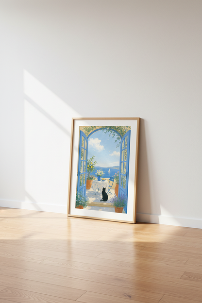 Mediterranean Coastal Scene Wall Art | Black Cat &amp; Blue Door, Summer Terrace Poster