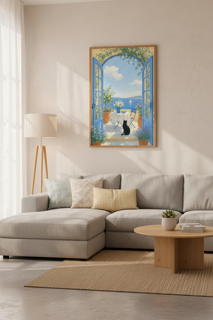 Mediterranean Coastal Scene Wall Art | Black Cat &amp; Blue Door, Summer Terrace Poster