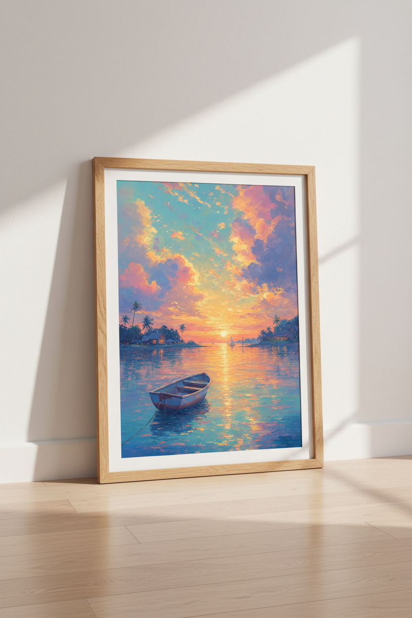 Tropical Sunset Lake Wall Art | Impressionist Pastel Landscape, Bedroom Decor