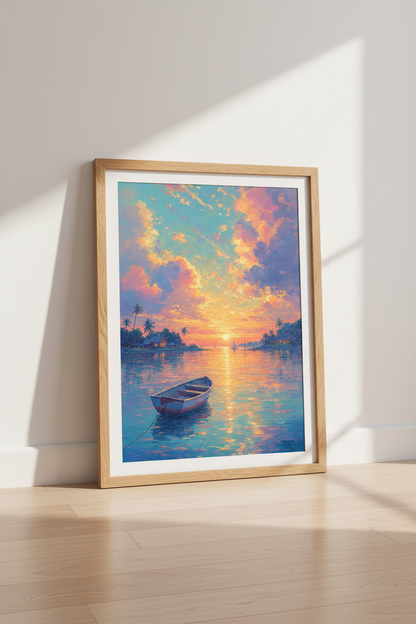 Tropical Sunset Lake Wall Art | Impressionist Pastel Landscape, Bedroom Decor