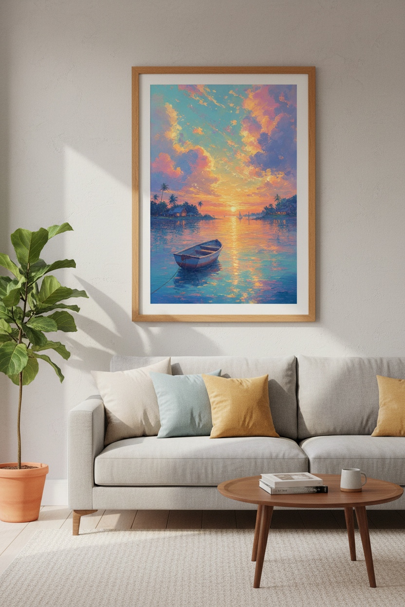 Tropical Sunset Lake Wall Art | Impressionist Pastel Landscape, Bedroom Decor