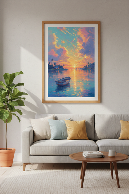 Tropical Sunset Lake Wall Art | Impressionist Pastel Landscape, Bedroom Decor