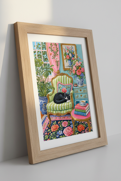 Tuxedo Cat &amp; Books Wall Art | Maximalist Library Decor | Pink Floral Poster