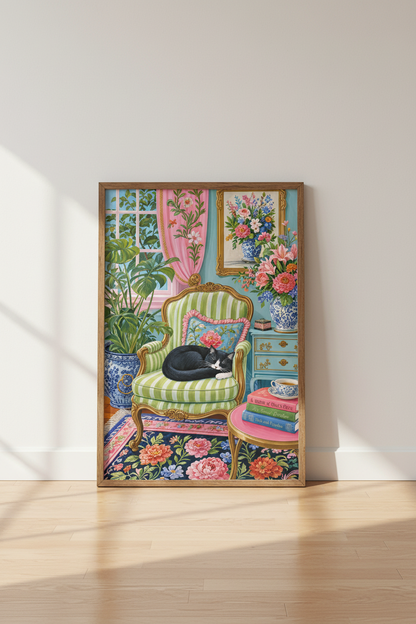 Tuxedo Cat &amp; Books Wall Art | Maximalist Library Decor | Pink Floral Poster