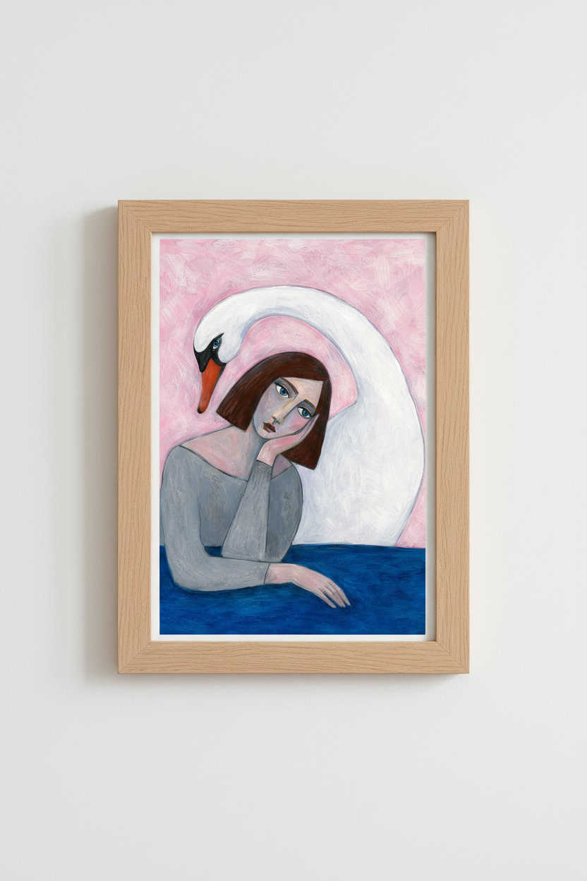 swan wall art | Surreal Portrait, Pink Backdrop, Living Room Decor