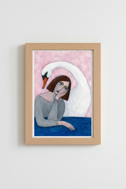 swan wall art | Surreal Portrait, Pink Backdrop, Living Room Decor
