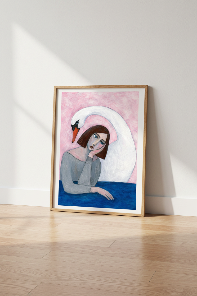swan wall art | Surreal Portrait, Pink Backdrop, Living Room Decor