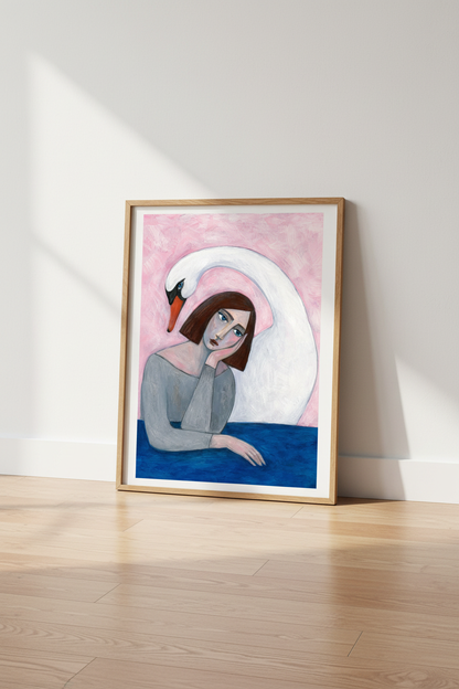 swan wall art | Surreal Portrait, Pink Backdrop, Living Room Decor