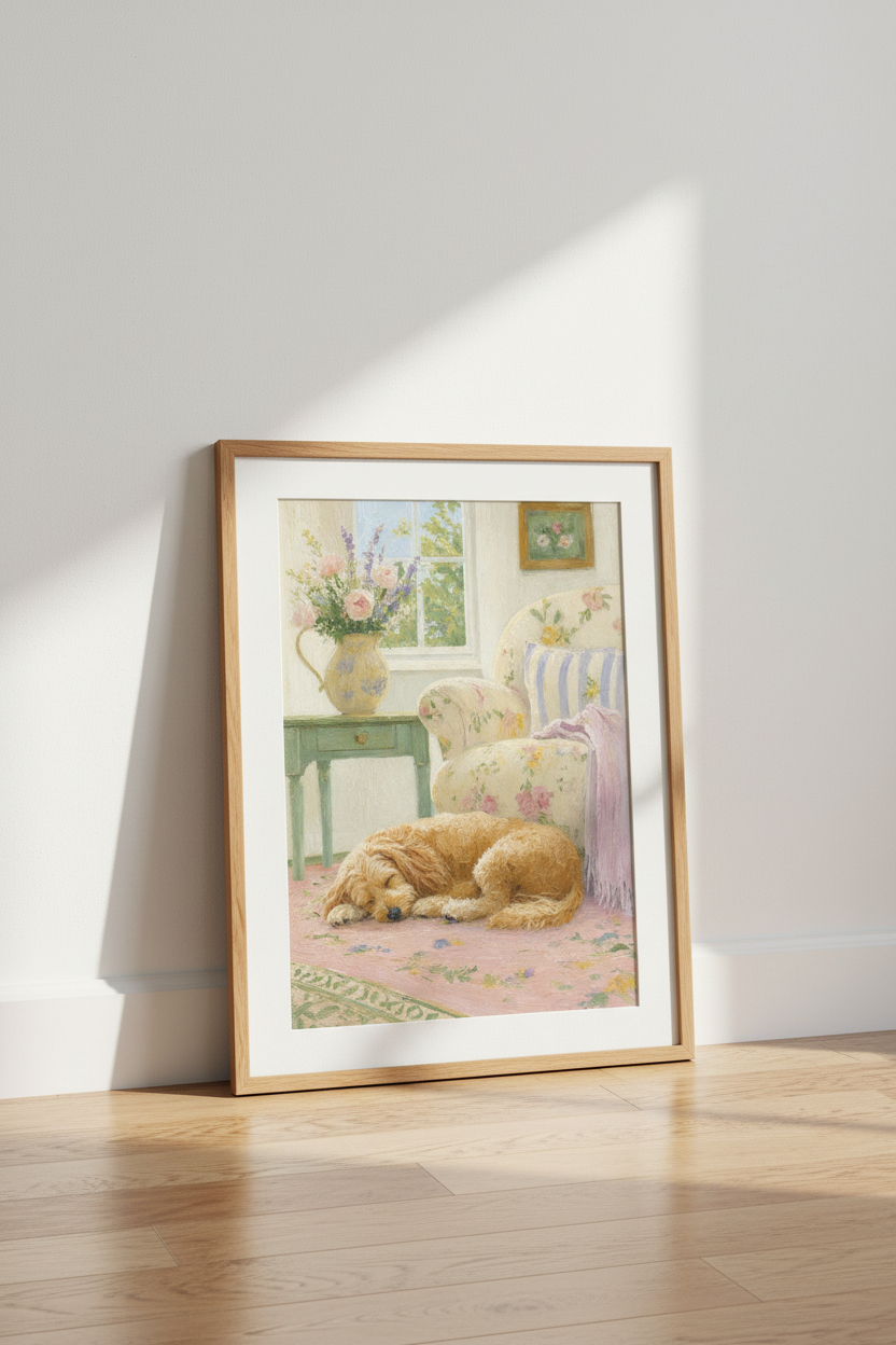 Sleeping Dog Oil Painting | Pastel Cottagecore Floral Wall Art, Nursery Decor