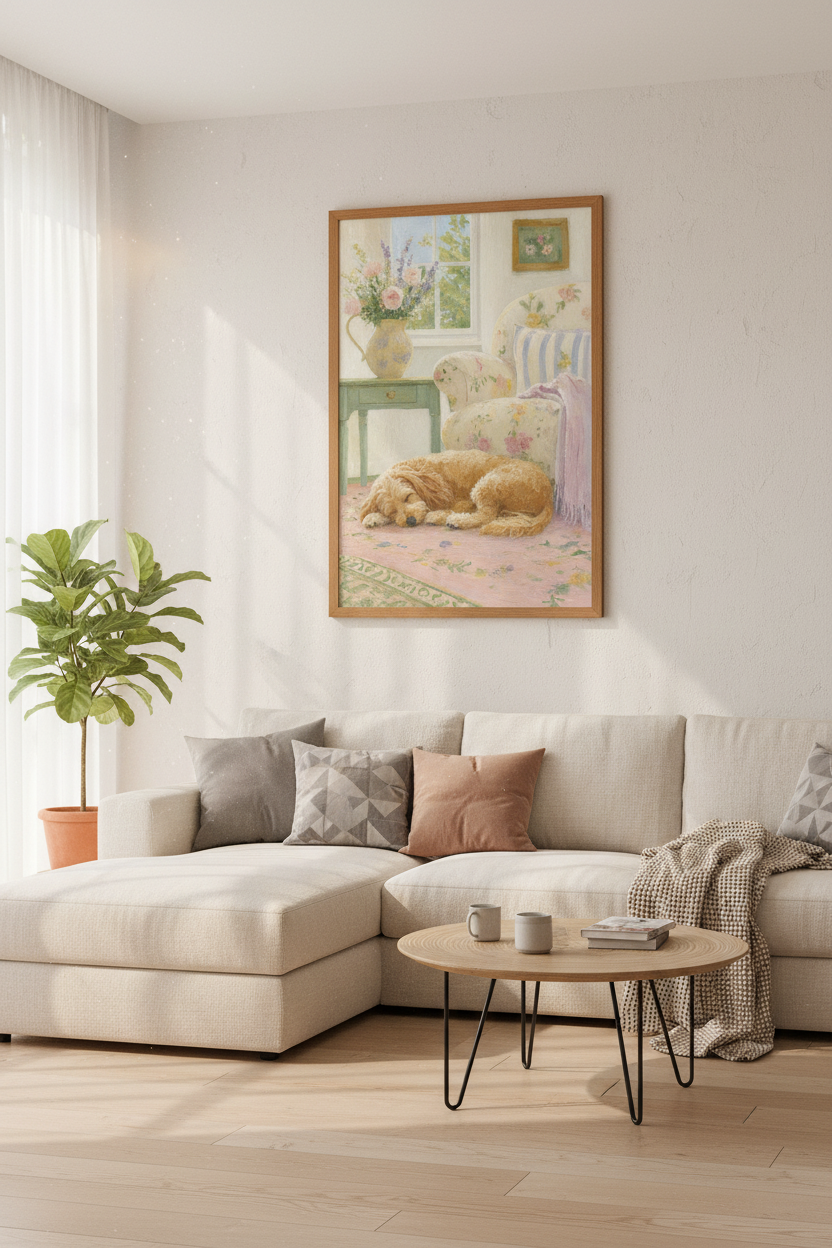 Sleeping Dog Oil Painting | Pastel Cottagecore Floral Wall Art, Nursery Decor