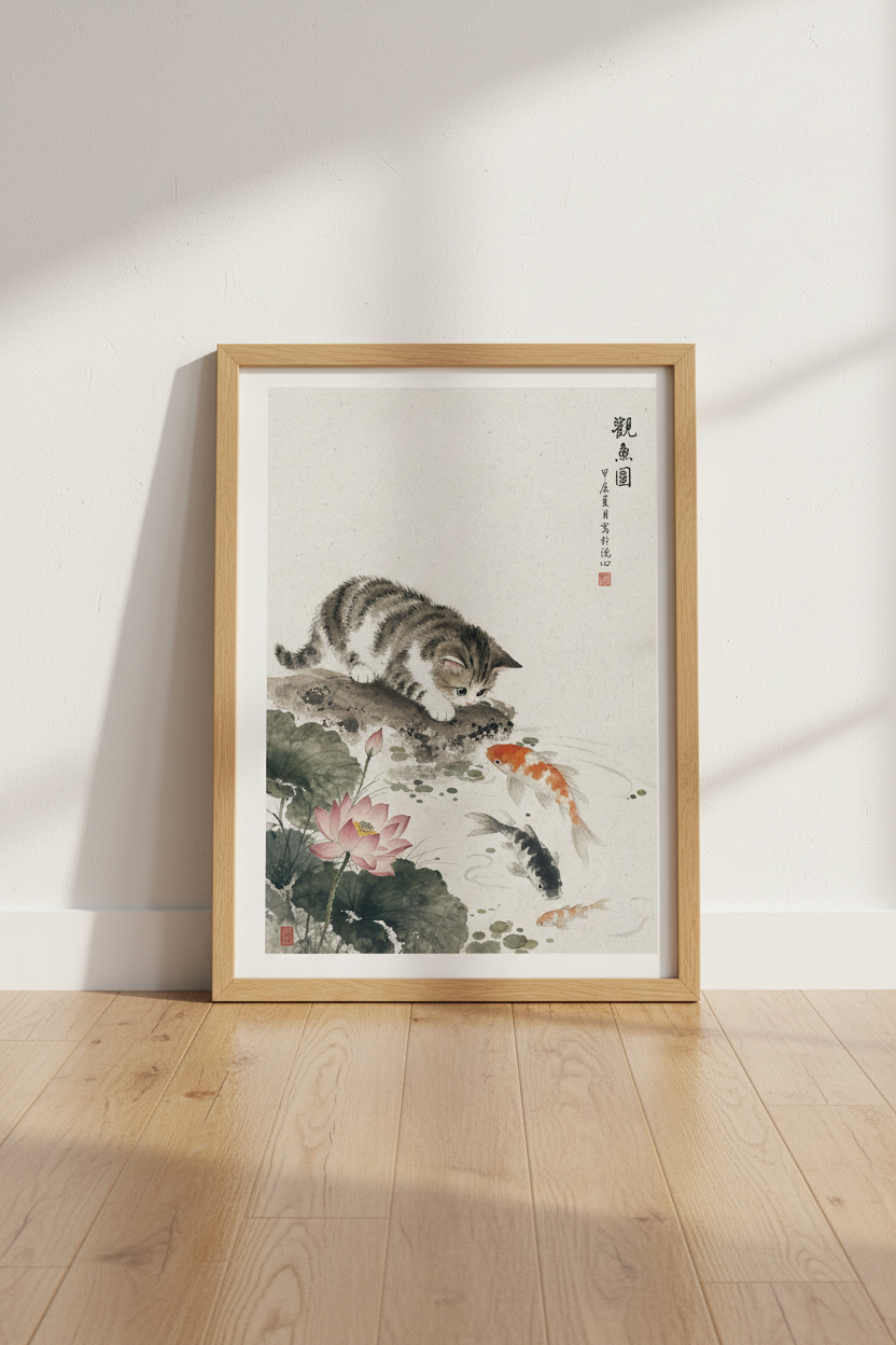 Japanese Cat &amp; Koi Pond Wall Art | Zen Ink Wash Poster, Neutral Decor
