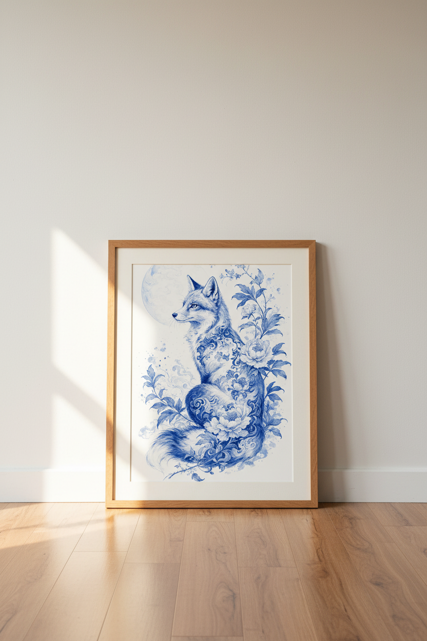 Floral Fox Wall Art | Blue Chinoiserie Animal Print, Botanical Living Room Decor