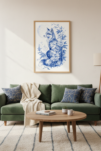 Floral Fox Wall Art | Blue Chinoiserie Animal Print, Botanical Living Room Decor