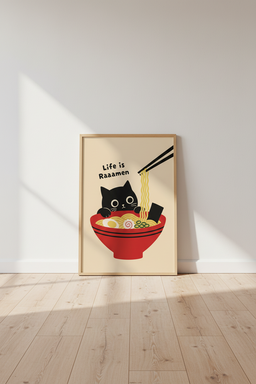 Cat Ramen Wall Art Print | Japanese Food Decor | Kawaii Black Cat Poster