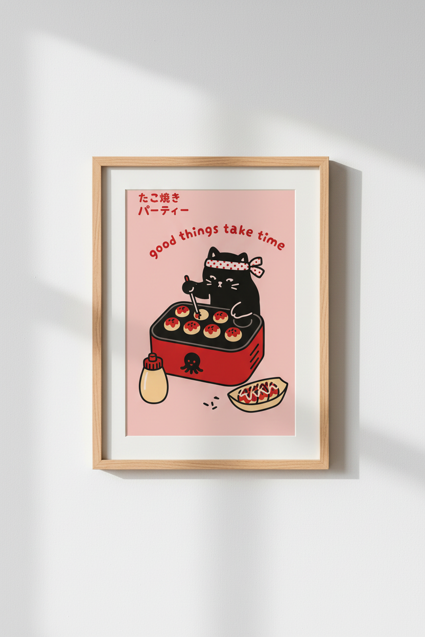 Kawaii Cat Anime Poster | Japanese Food Wall Art, Cute Pink Kitchen Decor