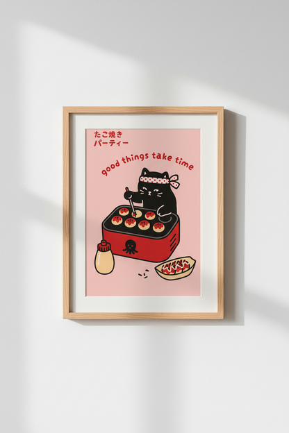 Kawaii Cat Anime Poster | Japanese Food Wall Art, Cute Pink Kitchen Decor