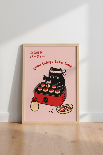 Kawaii Cat Anime Poster | Japanese Food Wall Art, Cute Pink Kitchen Decor