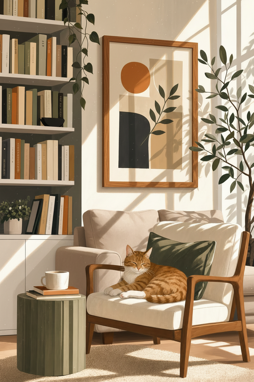 Ginger Cat in Sunlight Print | Cozy Reading Room Decor | Warm Aesthetic Art