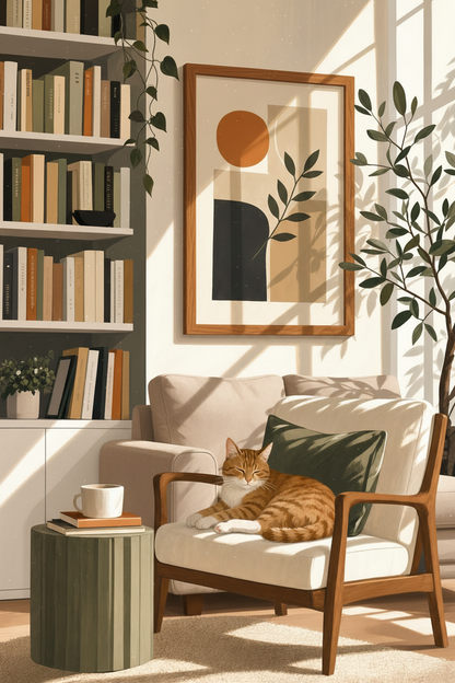 Ginger Cat in Sunlight Print | Cozy Reading Room Decor | Warm Aesthetic Art