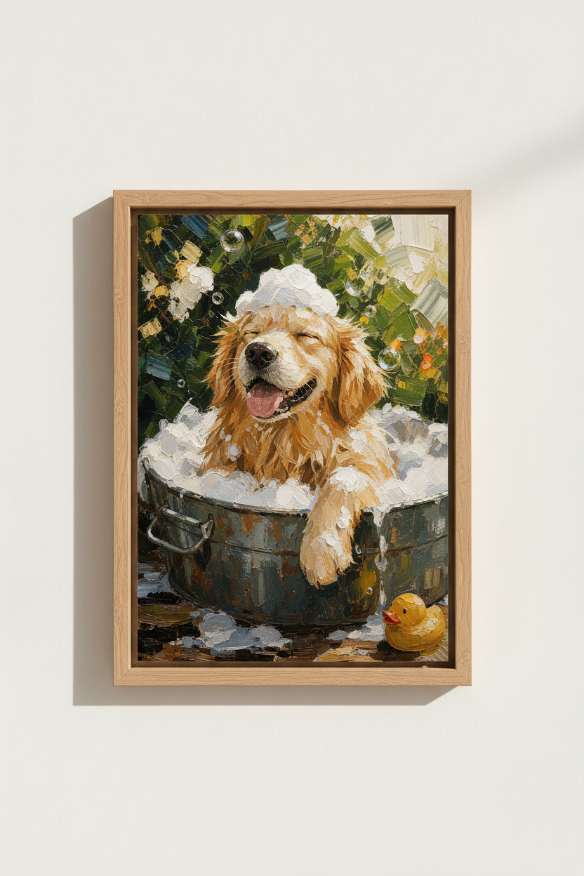 Dog Art Print | Golden Retriever Bath Time Poster, Funny Bathroom Wall Decor