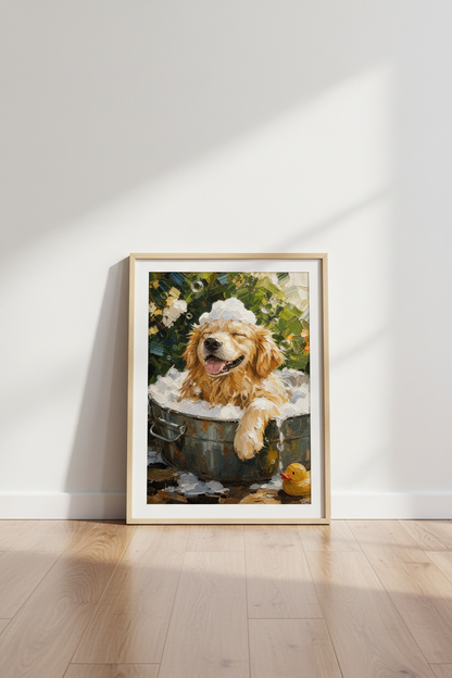 Dog Art Print | Golden Retriever Bath Time Poster, Funny Bathroom Wall Decor