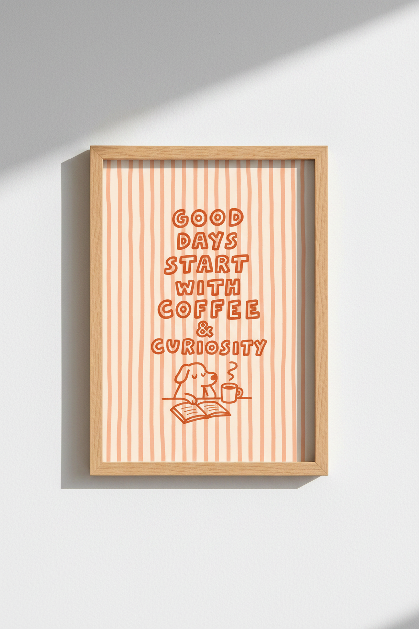 Coffee Wall Art Print | Whimsical Peach Stripes Decor | Cozy Dog &amp; Mug