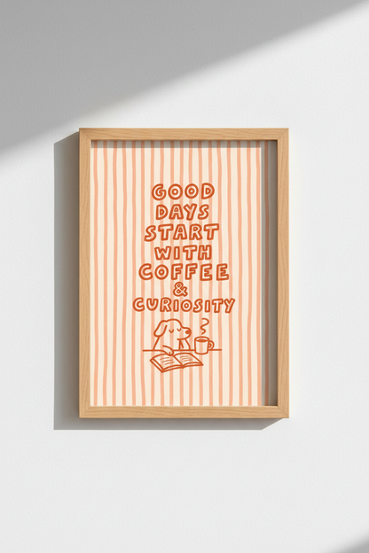 Coffee Wall Art Print | Whimsical Peach Stripes Decor | Cozy Dog &amp; Mug