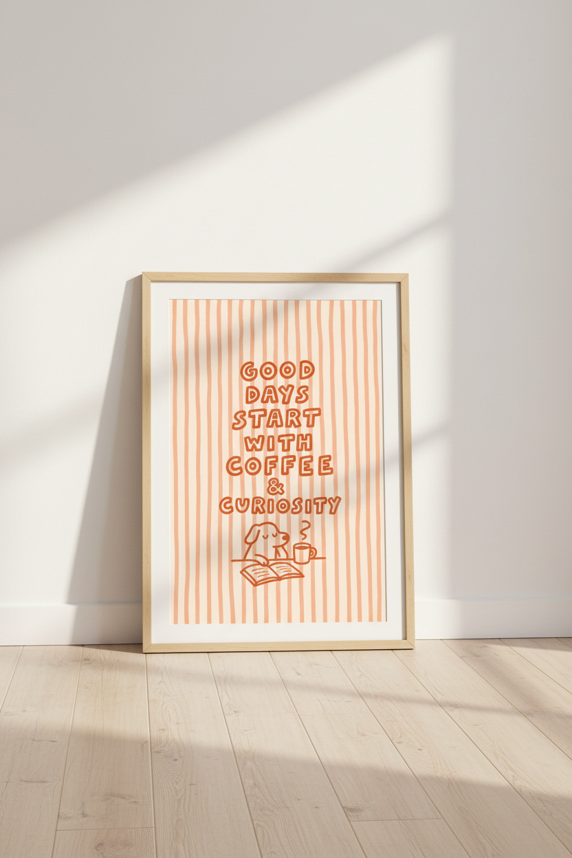 Coffee Wall Art Print | Whimsical Peach Stripes Decor | Cozy Dog &amp; Mug
