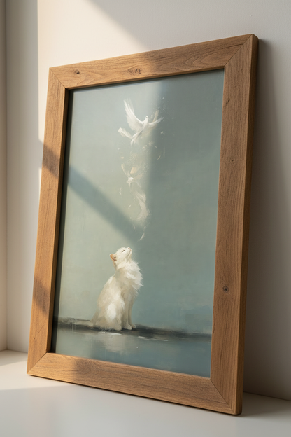 White Cat &amp; Bird Oil Painting | Ethereal Sage Green Decor, Whimsical Poster