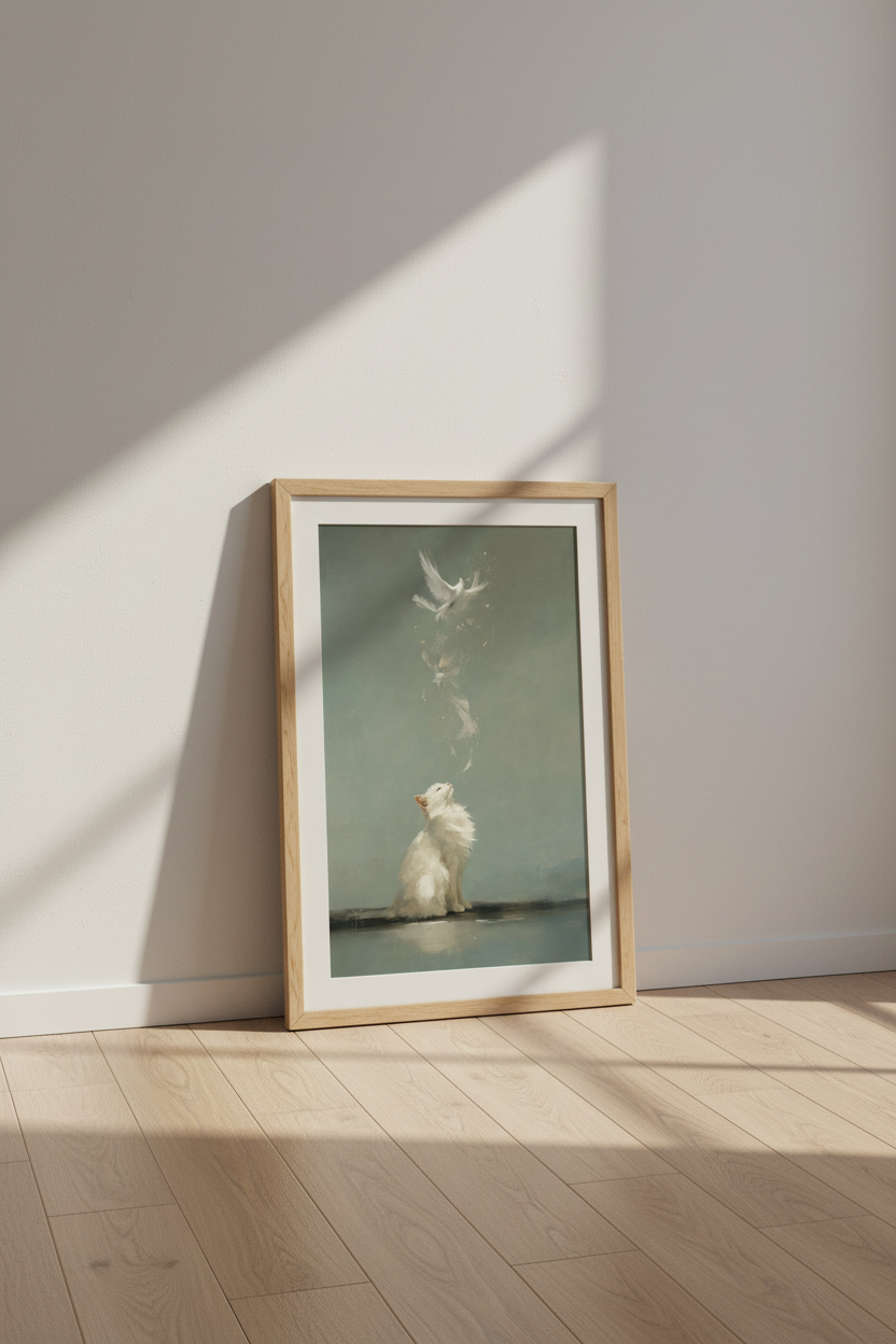 White Cat &amp; Bird Oil Painting | Ethereal Sage Green Decor, Whimsical Poster