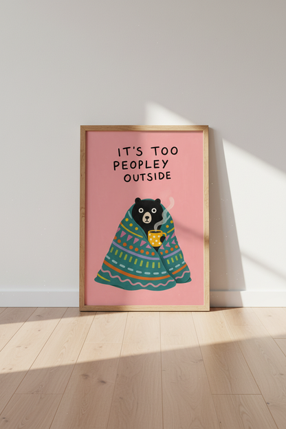 Too Peopley outside Bear Wall Art Print | Pink Cozy Home Decor | Introvert Poster