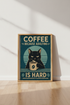 Funny Black Cat Coffee Wall Art | Retro Navy Teal Poster, Kitchen Decor