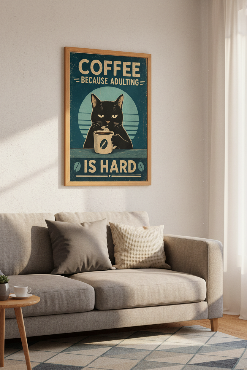 Funny Black Cat Coffee Wall Art | Retro Navy Teal Poster, Kitchen Decor