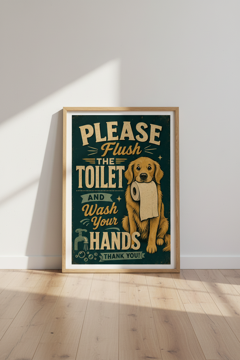 Golden Retriever Bathroom Sign | Vintage Flush Your Hands Art, Rustic Washroom Poster