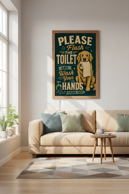Golden Retriever Bathroom Sign | Vintage Flush Your Hands Art, Rustic Washroom Poster