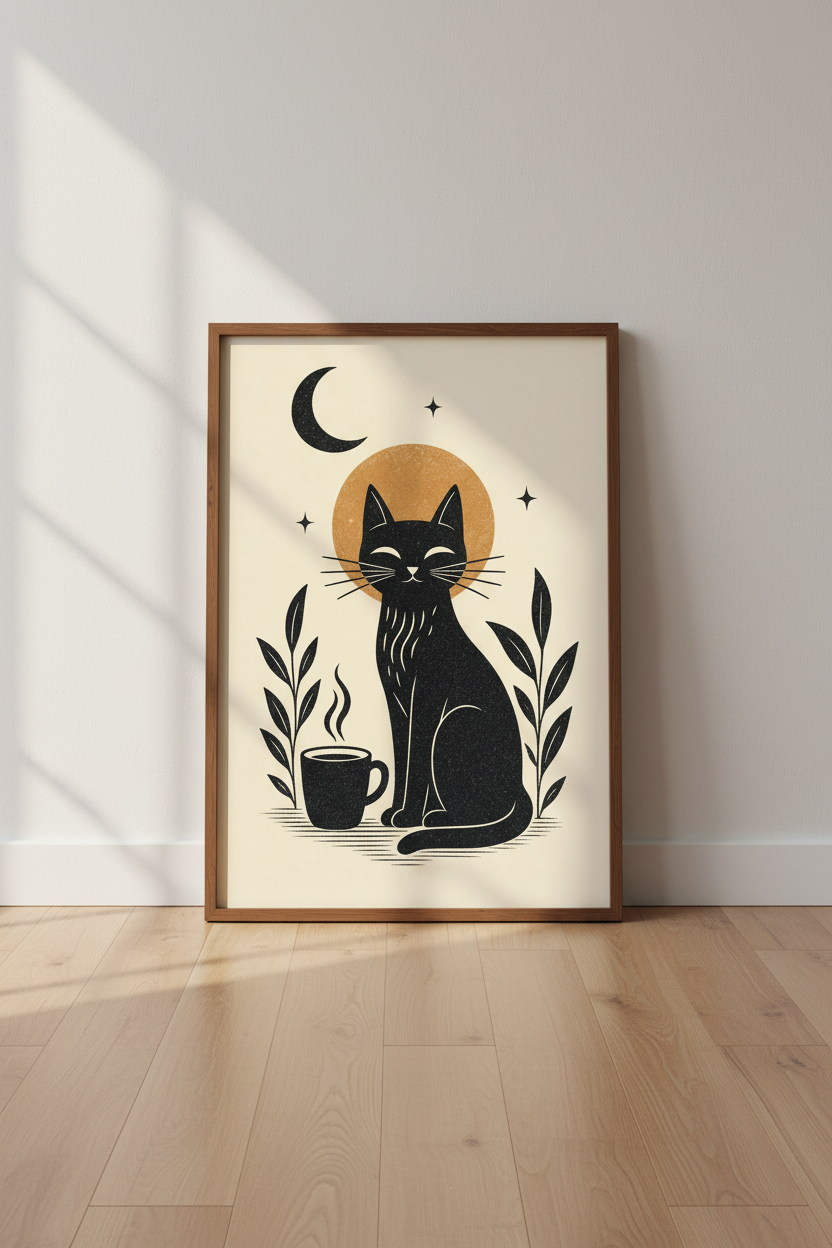 Black Cat Coffee Wall Art Print | Boho Kitchen Decor | Celestial Minimalist Poster