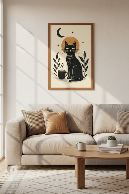 Black Cat Coffee Wall Art Print | Boho Kitchen Decor | Celestial Minimalist Poster