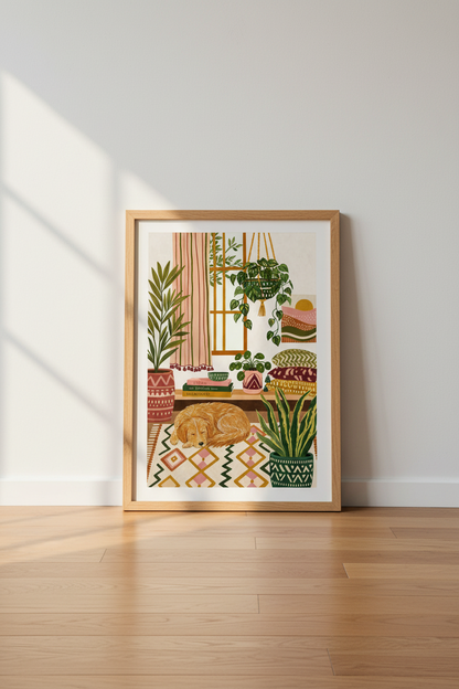 Boho Sleeping Dog &amp; Plants Wall Art | Cozy Living Room Decor | Earthy Aesthetic Poster