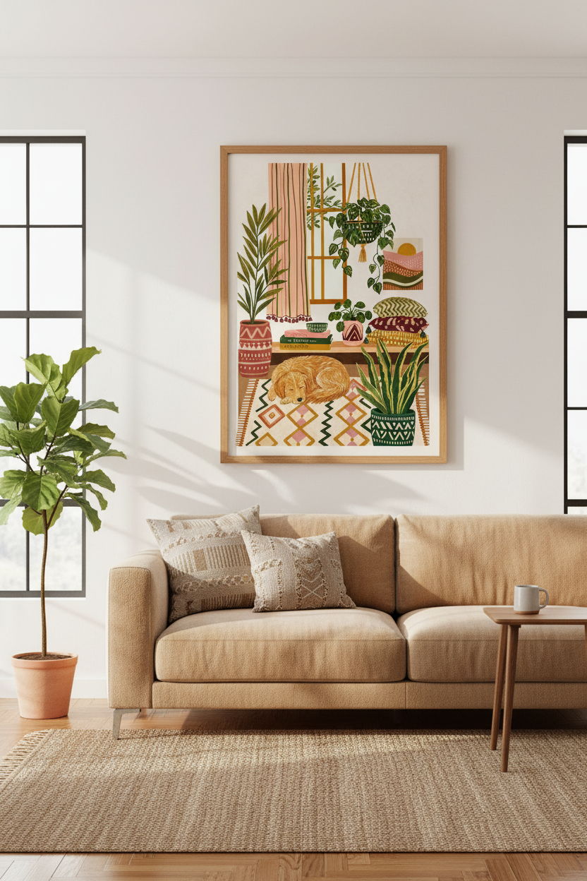 Boho Sleeping Dog &amp; Plants Wall Art | Cozy Living Room Decor | Earthy Aesthetic Poster