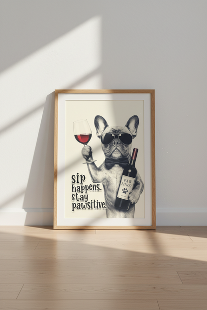 French Bulldog Wine Art | Funny Dog Pun Poster, Bar &amp; Kitchen Decor