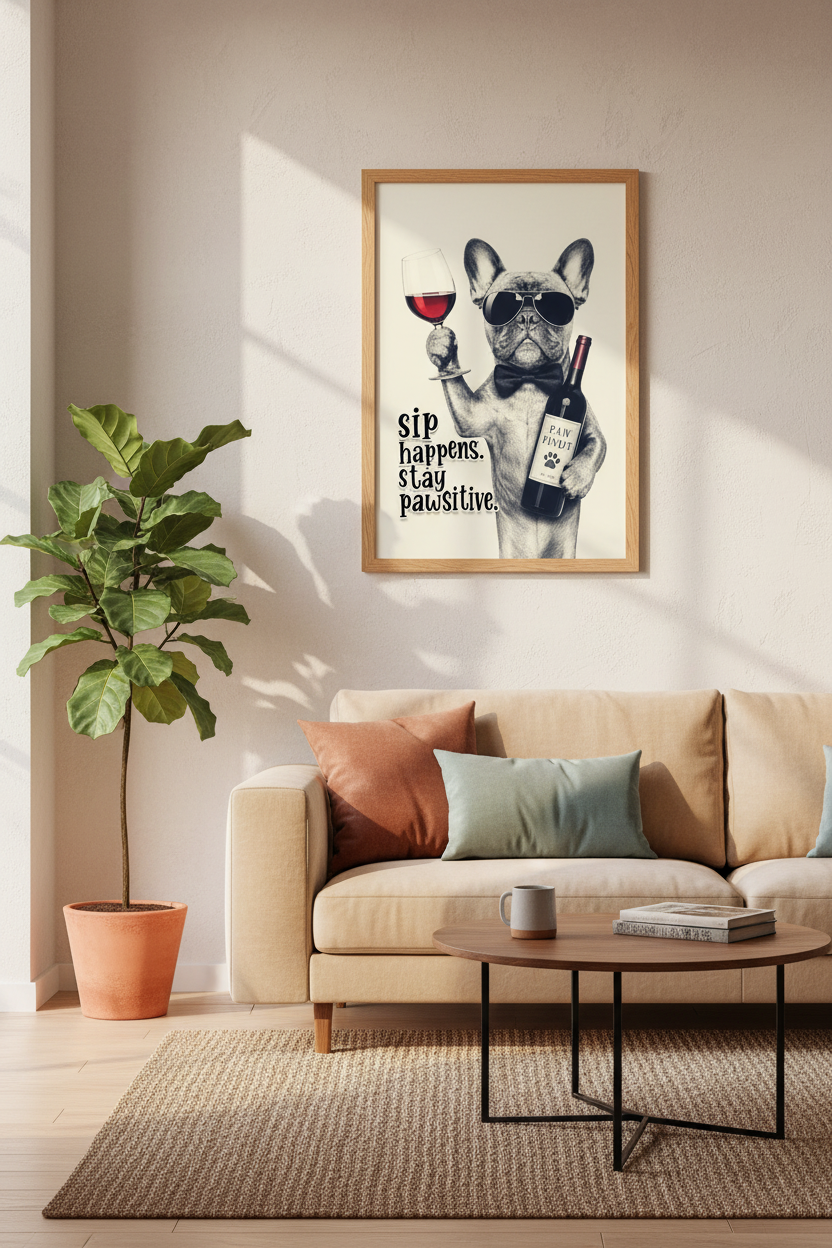 French Bulldog Wine Art | Funny Dog Pun Poster, Bar &amp; Kitchen Decor