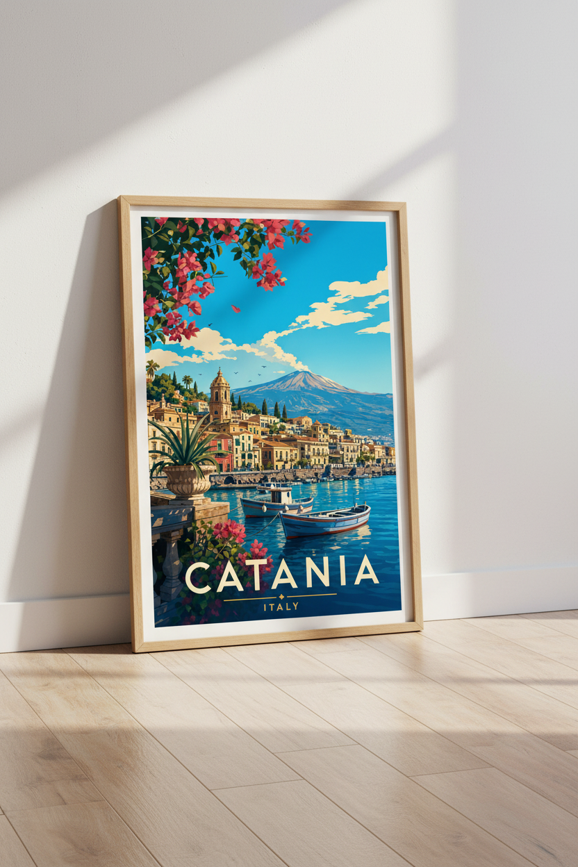 Catania Italy Travel Poster | Sicily Coastal Wall Art | Vintage Mediterranean Print
