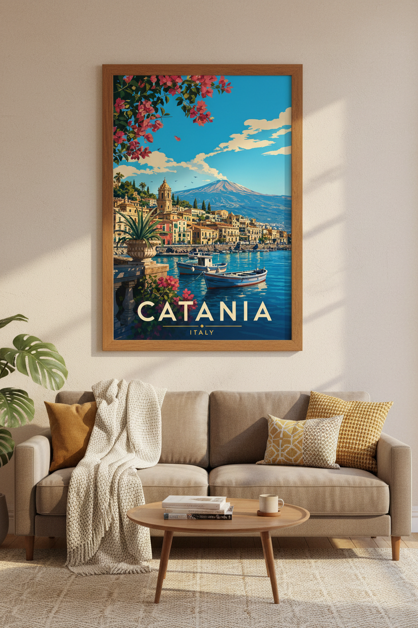 Catania Italy Travel Poster | Sicily Coastal Wall Art | Vintage Mediterranean Print