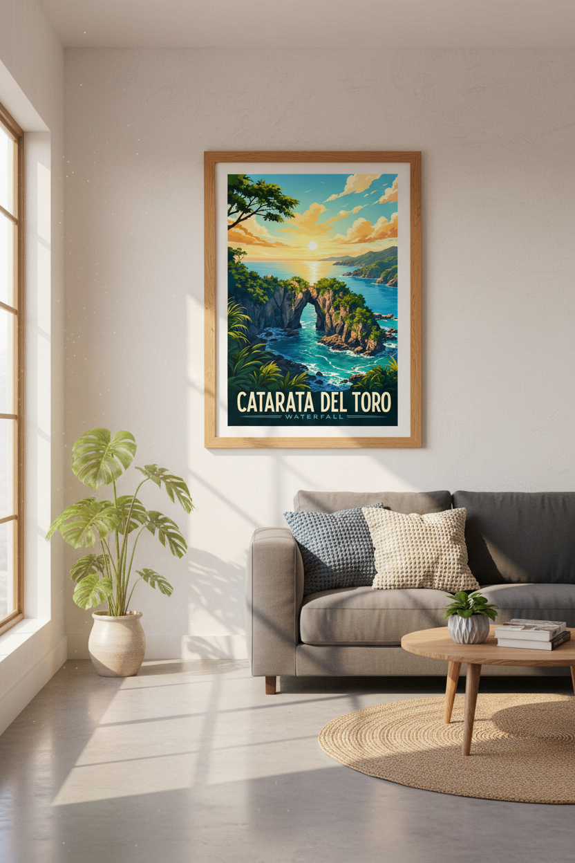 Catarata Del Toro Waterfall Art | Costa Rica Travel Poster | Tropical Coastal Decor