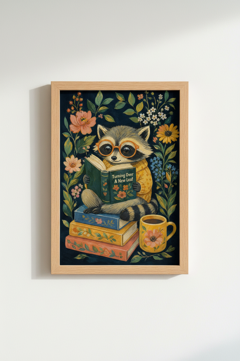 Whimsical Raccoon Wall Art Print | Cute Animal Book Lover Poster | Dark Academia Decor