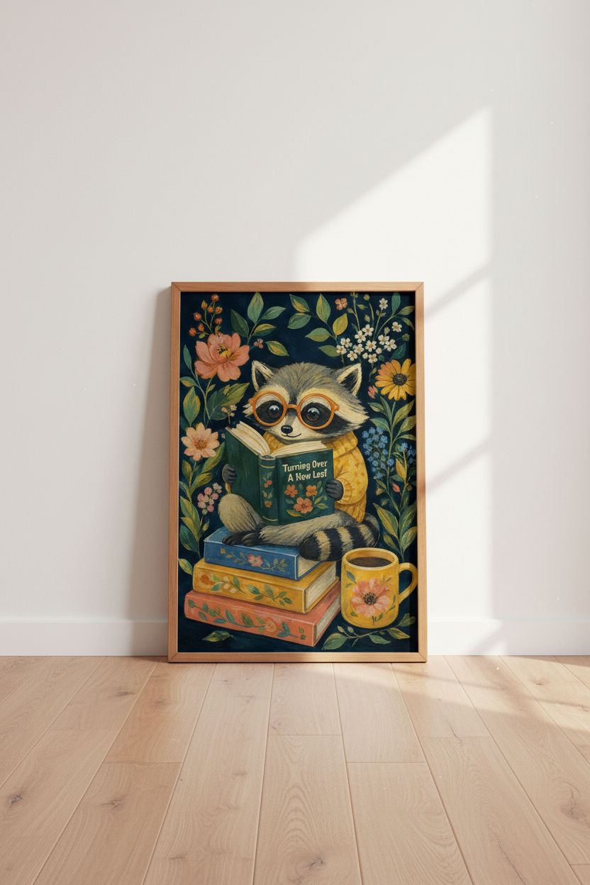 Whimsical Raccoon Wall Art Print | Cute Animal Book Lover Poster | Dark Academia Decor