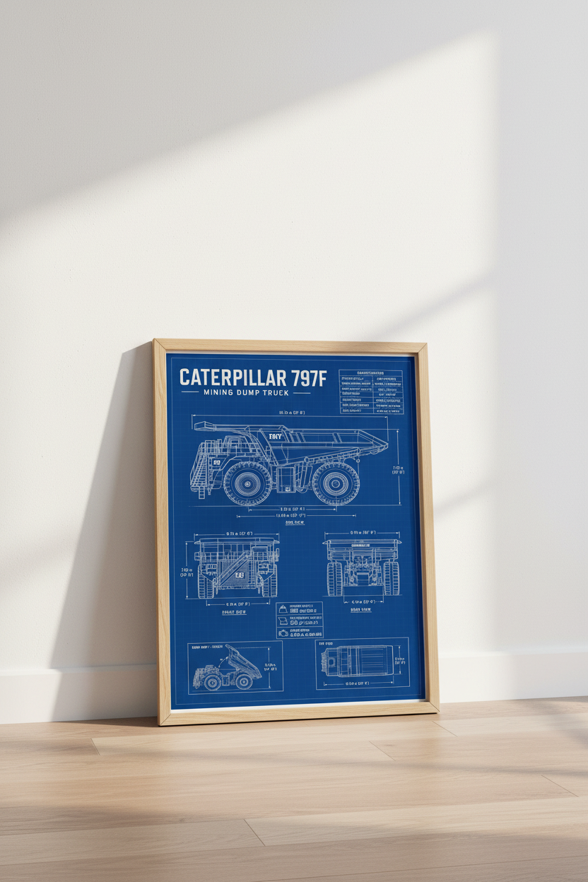 Caterpillar 797F Truck Blueprint Art | Industrial Blue Decor | Heavy Machinery Poster